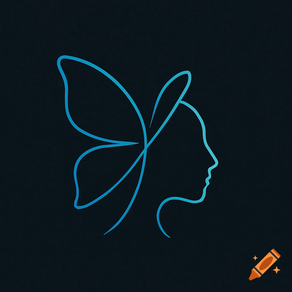 A minimalist line art logo featuring a blue and turquoise butterfly wing seamlessly integrated with the profile silhouette of a human head on a dark background.