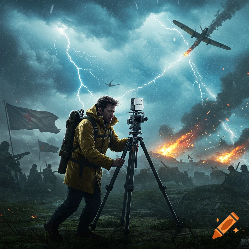 Man in yellow slicker pushes camera on tripod through stormy battlefield with lightning, crashing plane, and explosions.