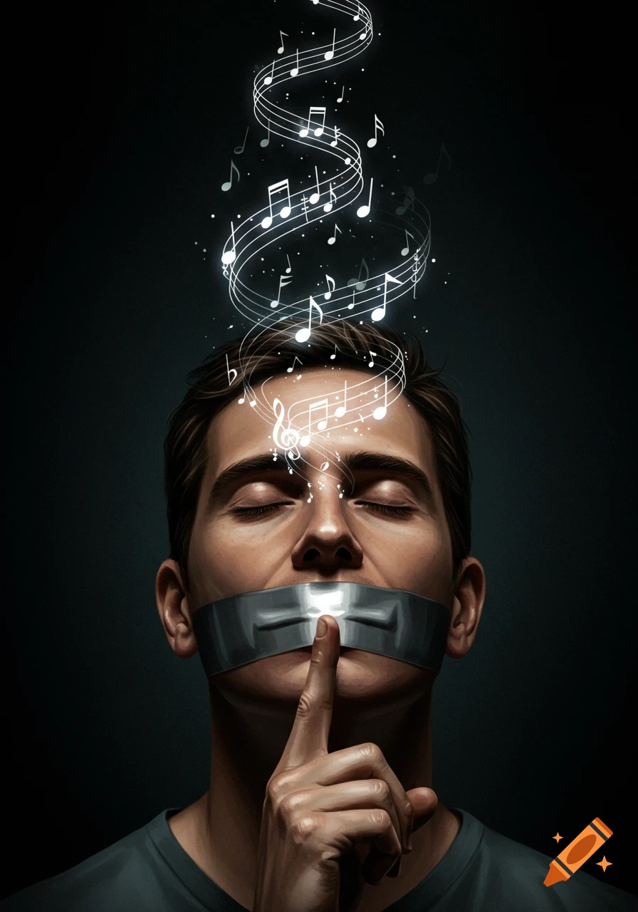 A man with closed eyes and duct tape over his mouth, his finger on his lips, as glowing musical notes spiral upwards from his head in a dark, moody setting.