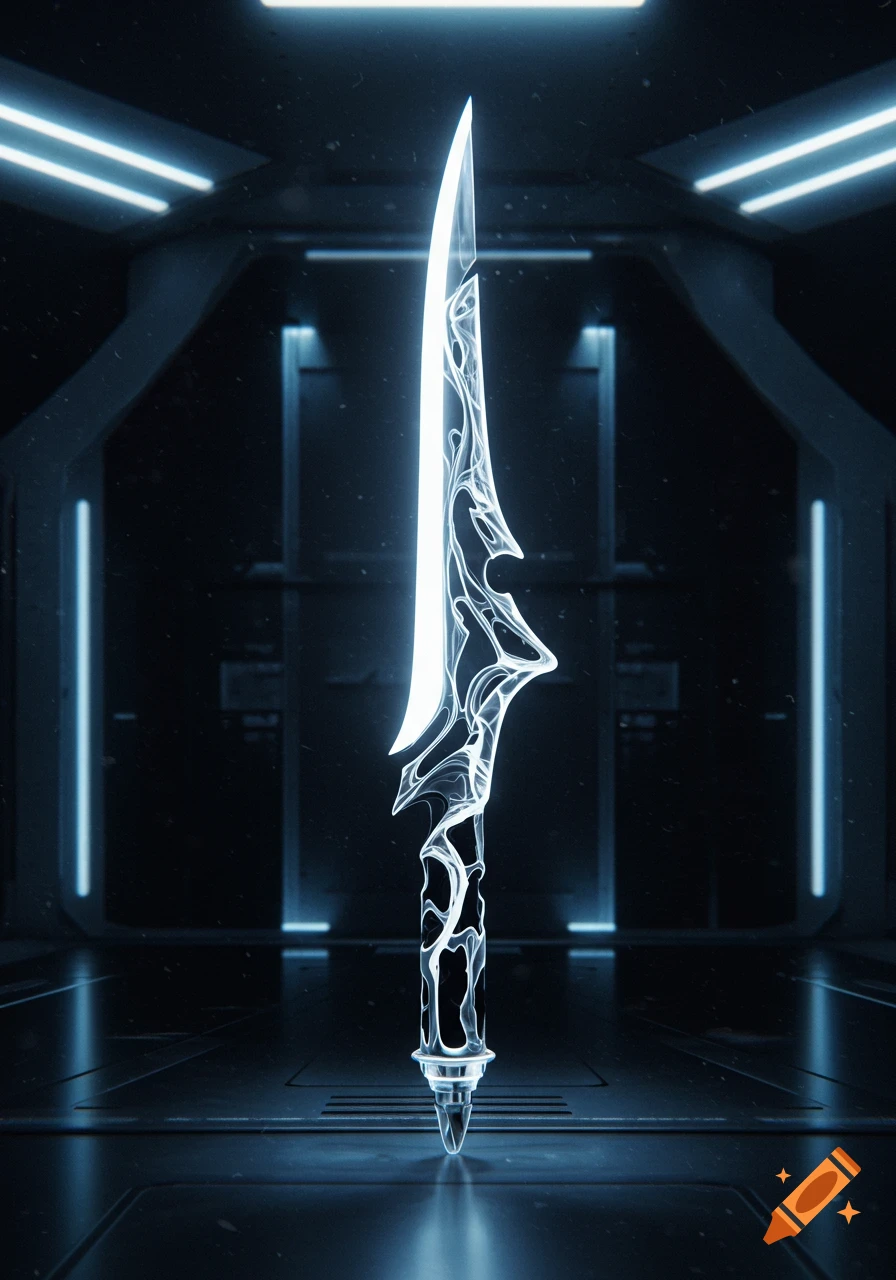 A glowing futuristic blade with white and black void elements stands upright in a dark, neon-lit sci-fi room.