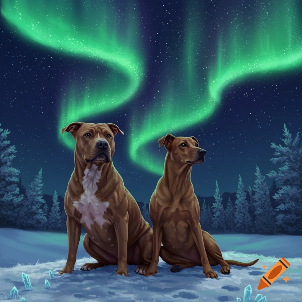 Two brown dogs, a Pitbull and a Blackmouth Cur, sit in a snowy forest under vibrant green Northern Lights at night.