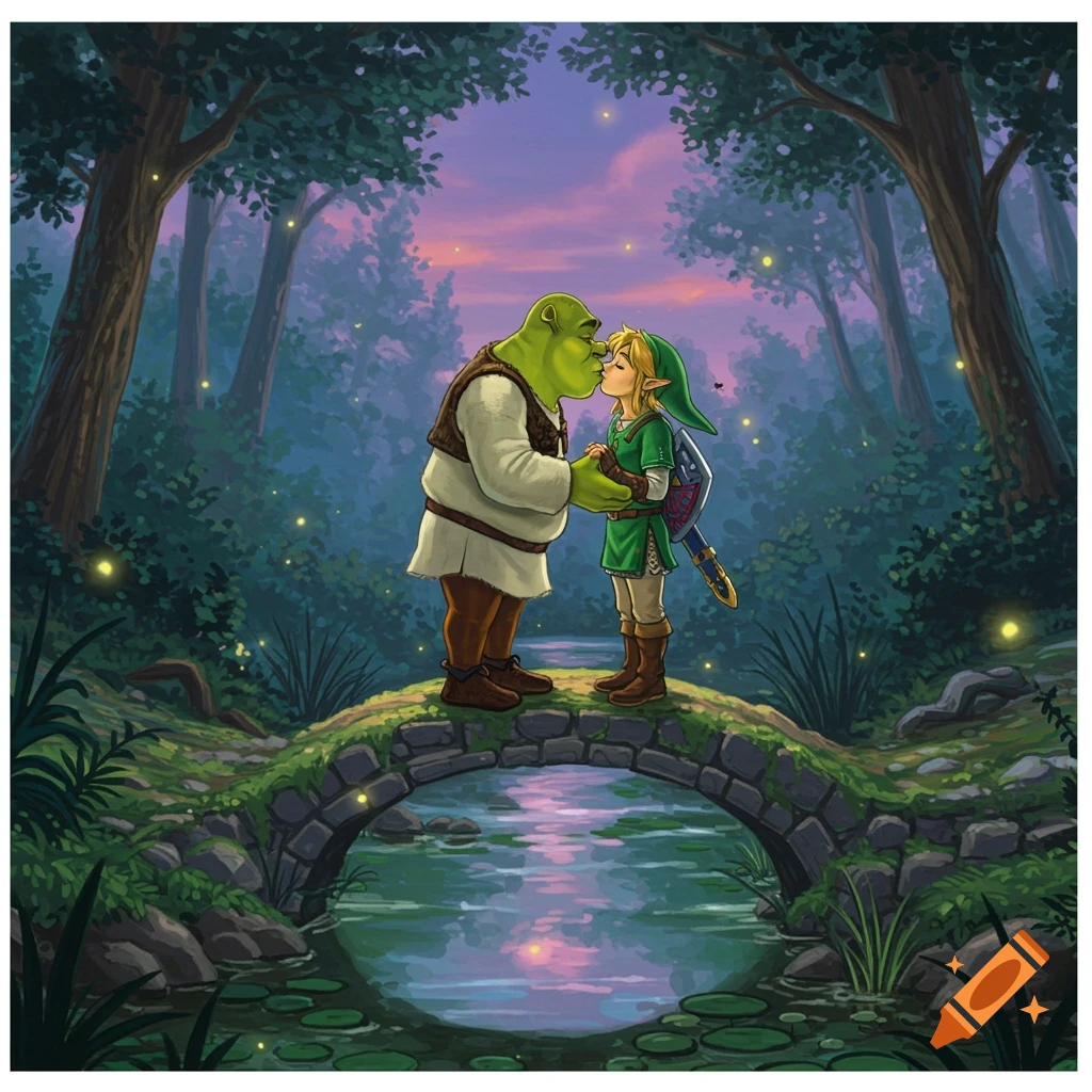Shrek and Link share a kiss on a stone bridge over a stream in a magical forest with fireflies at sunset.