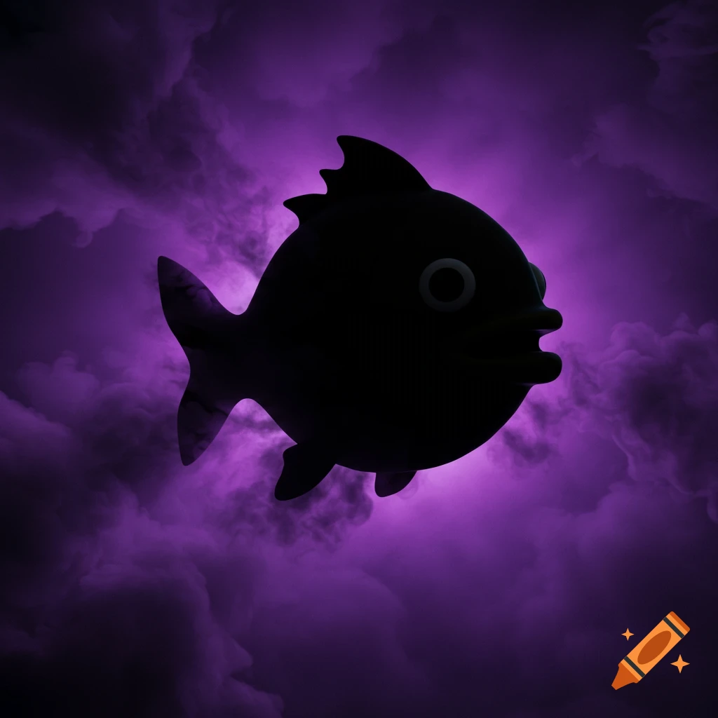 Dark silhouette of a cartoon fish with a visible eye against a vibrant purple, smoky background.
