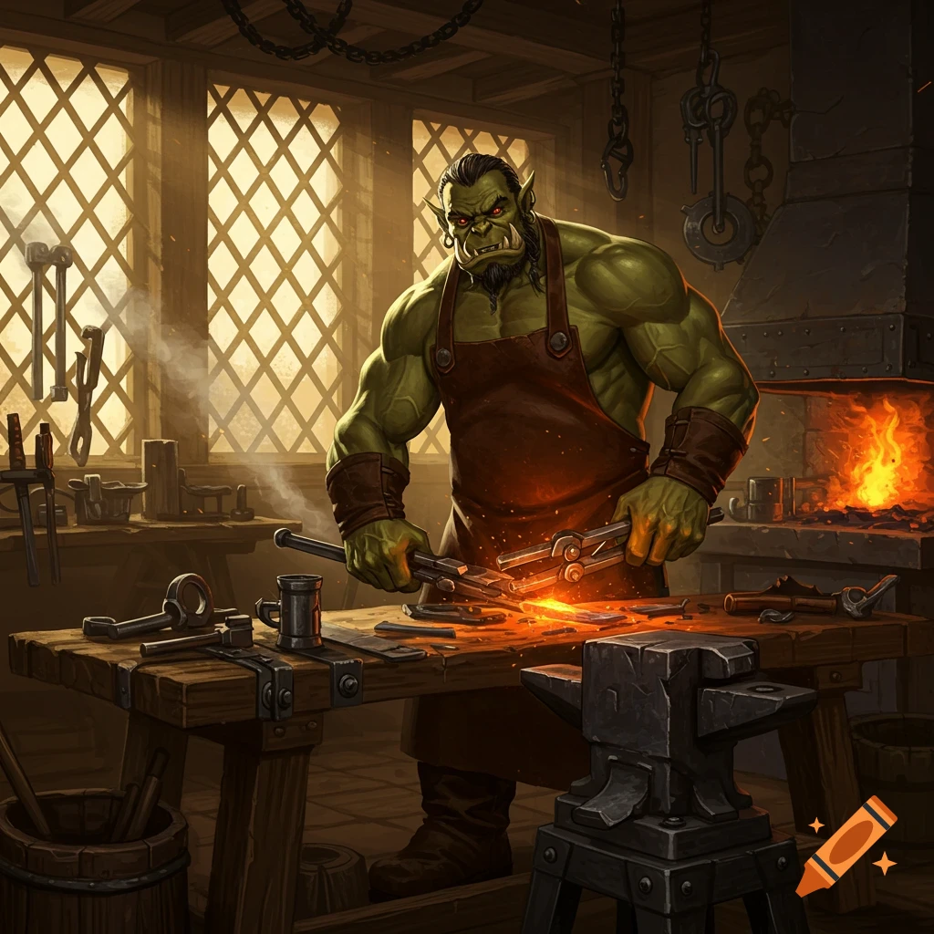 A powerful green orc blacksmith works at a forge in a dimly lit workshop, holding a glowing hot metal piece with tongs.