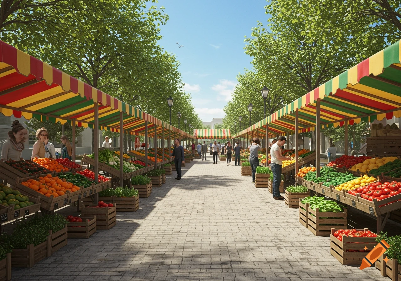 A photorealistic image of a sunny farmers market with a walkway down the center, vendor stalls on both sides with colorful striped awnings, and crates filled with oranges, greens, and tomatoes. Green trees line the background under a clear blue sky.