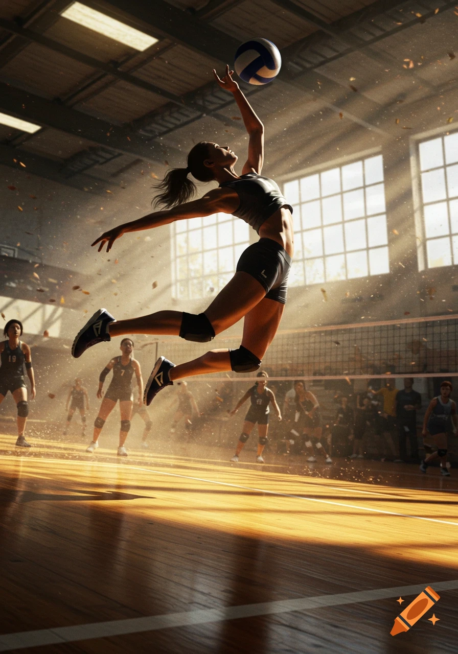 A female volleyball player jumps high to hit the ball during a game on a sunlit indoor court, photorealistic style.