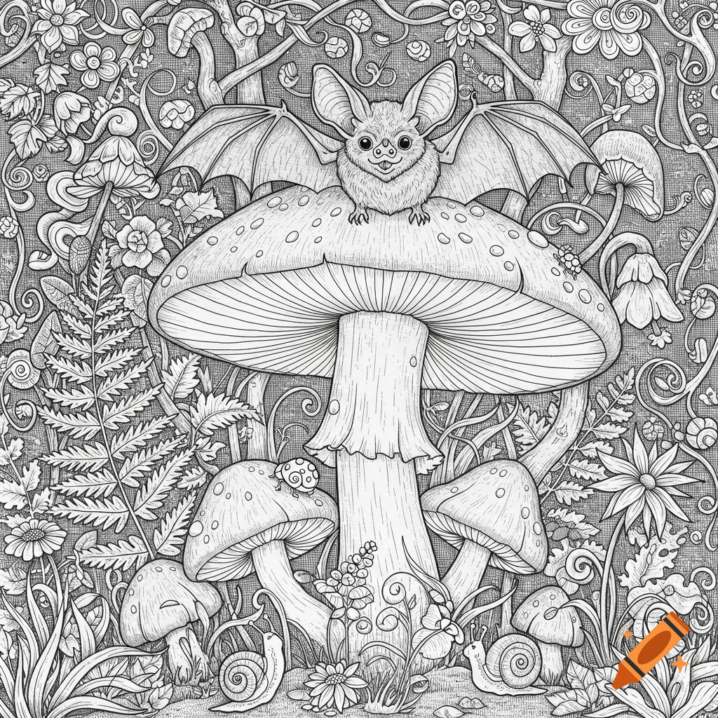 A black and white line art illustration of a cute bat sitting on a large mushroom, surrounded by plants and smaller mushrooms, in a coloring page style.