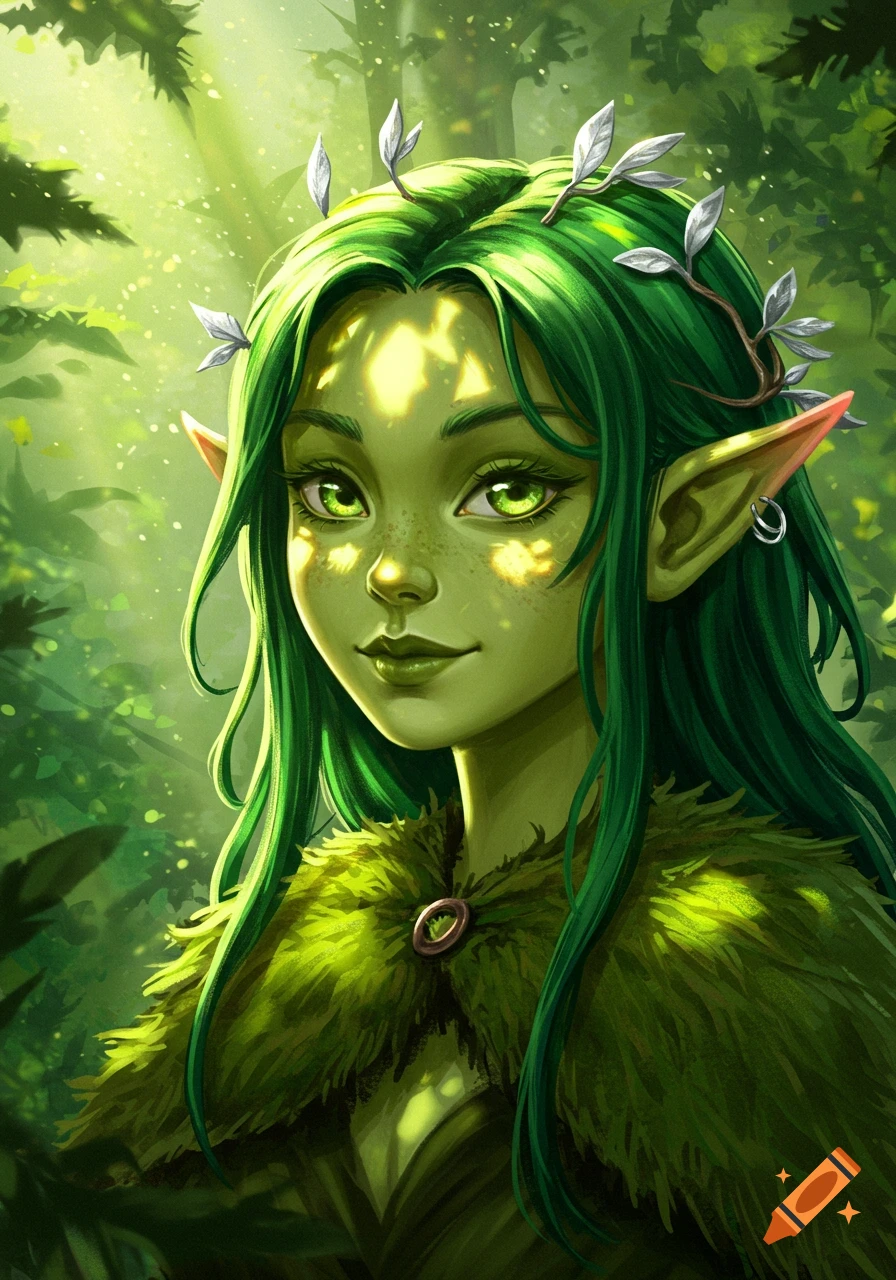 Close-up digital painting of a green-skinned elf with long green hair, pointed ears, and green eyes, wearing a mossy cloak in a sunlit forest.