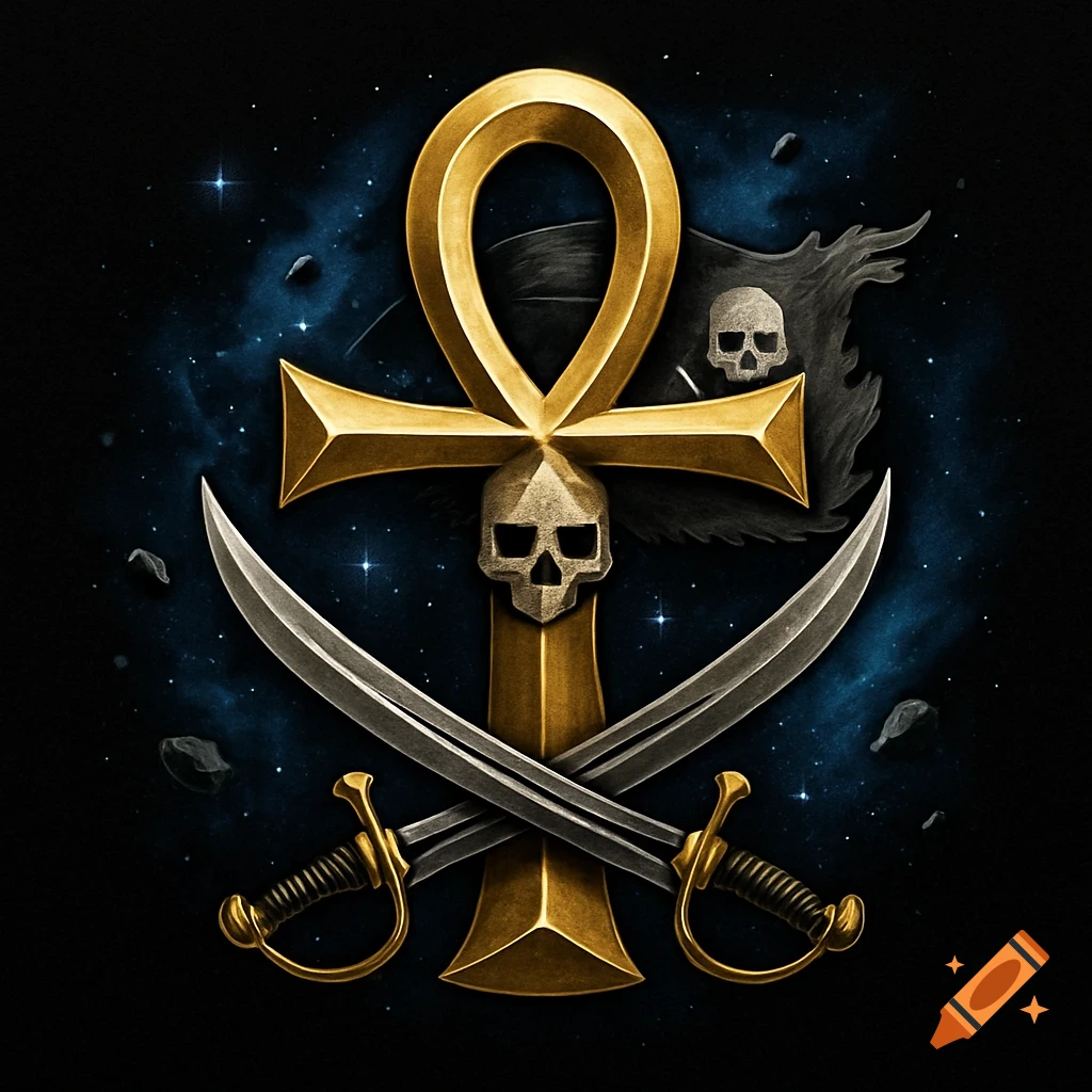 A golden Ankh symbol with a skull in the center, crossed by two sabers. Behind it, a dark pirate flag with a skull, against a starry deep space background.