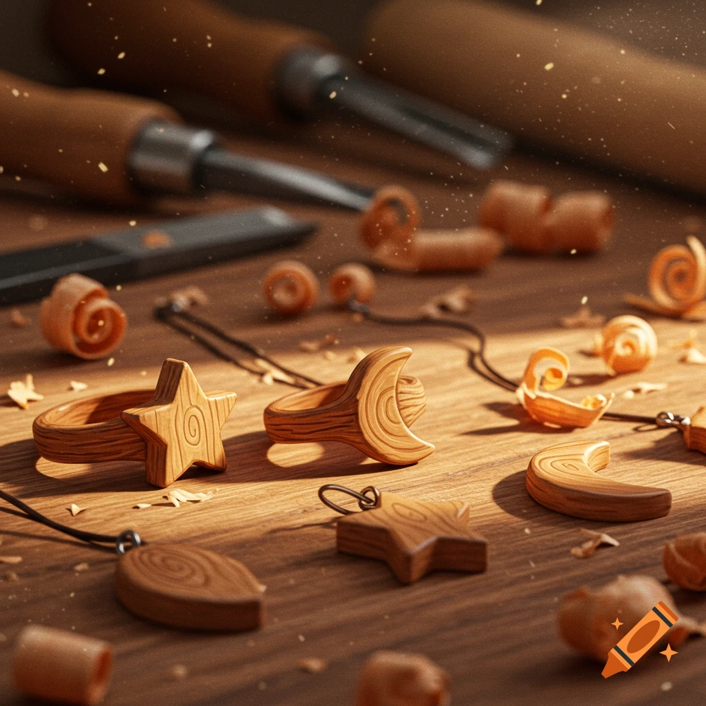 Close-up of wooden rings and pendants (star, moon, leaf shapes) alongside wood carving tools and shavings on a wooden surface.
