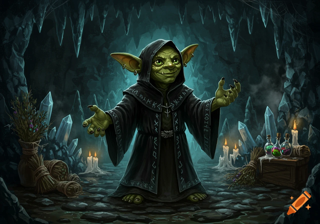 A green-skinned goblin in a black hooded robe stands with outstretched hands in a dark, crystalline cave, surrounded by glowing candles, potion bottles, and bundles of herbs.