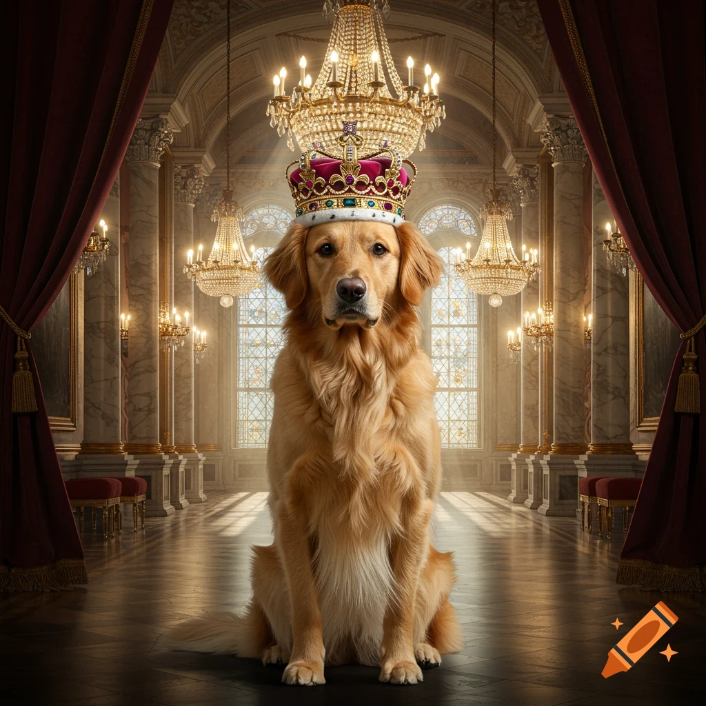 A photorealistic golden retriever dog wearing a royal crown sits regally in a grand palace hall with chandeliers.