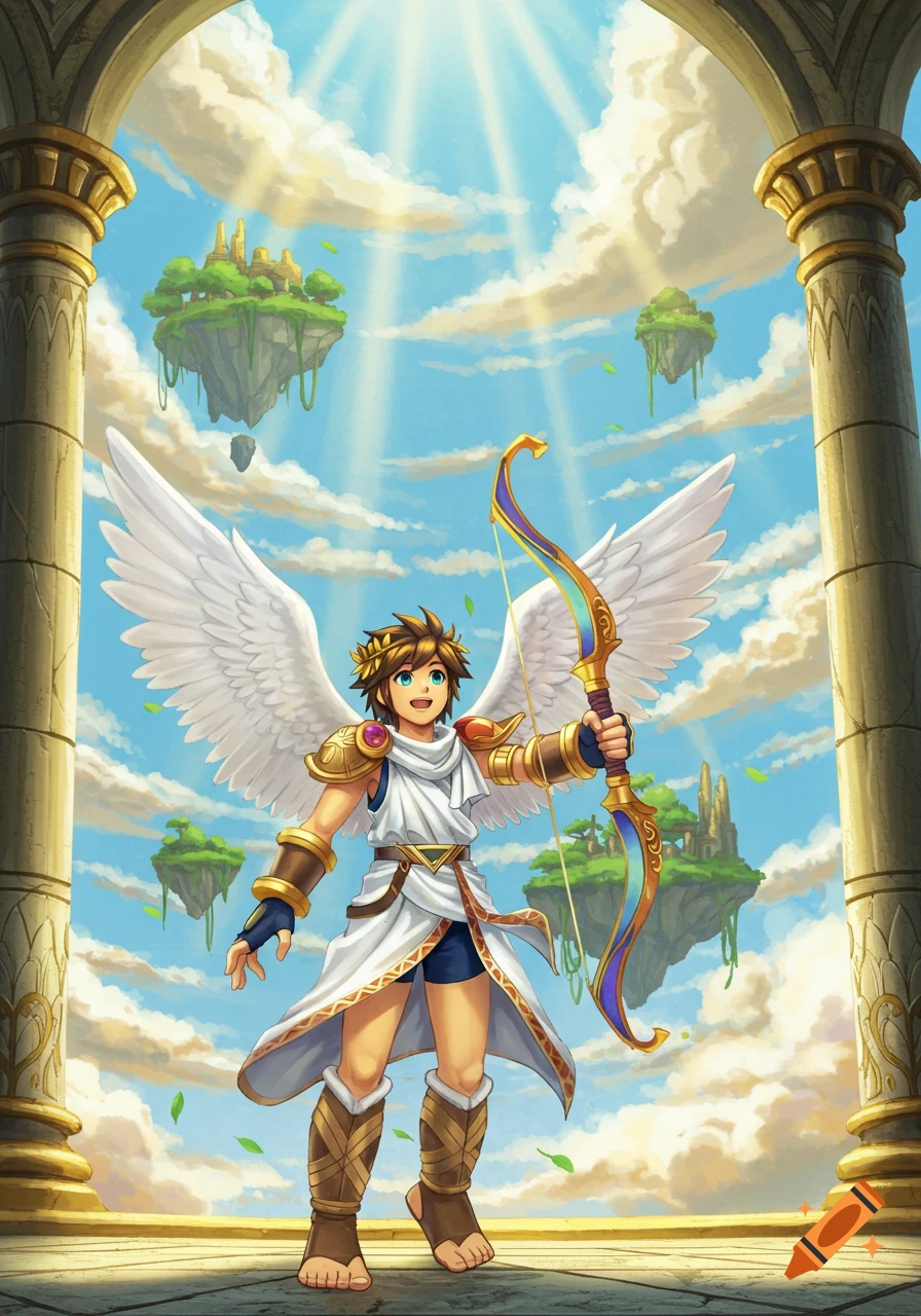 Anime character Pit with large white wings and bow, standing under a stone archway in a sky temple, with floating islands in a bright blue sky.