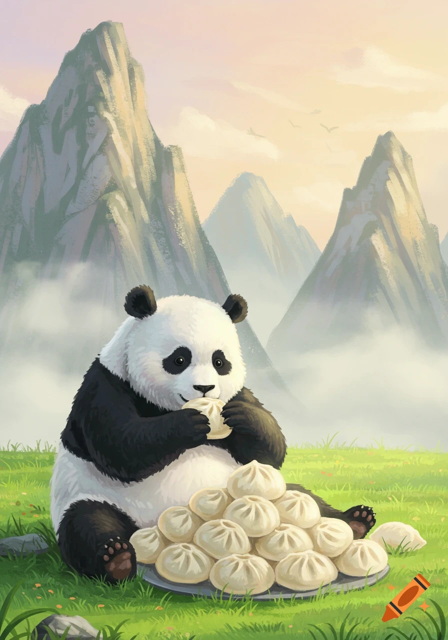 A cute panda sits on green grass, happily eating a dumpling from a large plate piled high with many more dumplings, with misty mountains in the background.