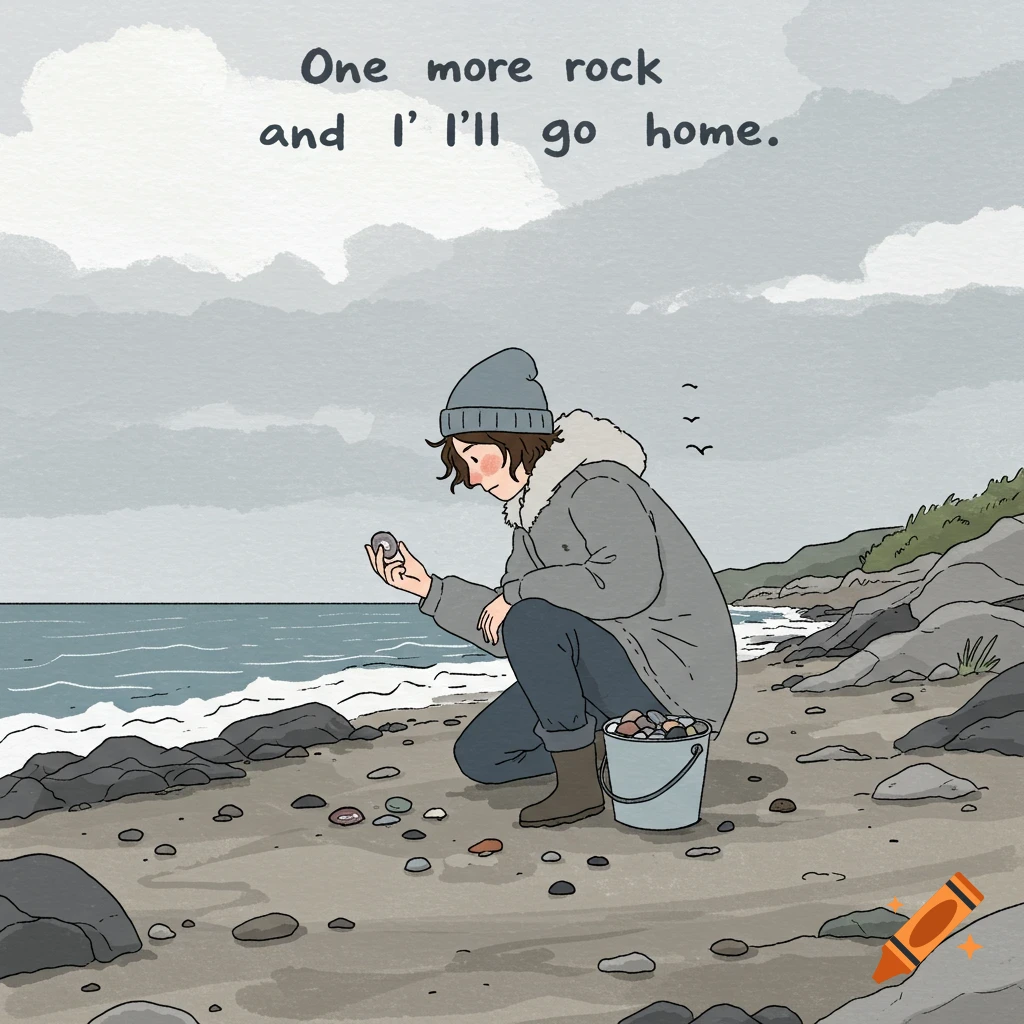 Minimalist hand-drawn art of a person collecting rocks on a beach, with a bucket and text 'One more rock and I'll go home.'