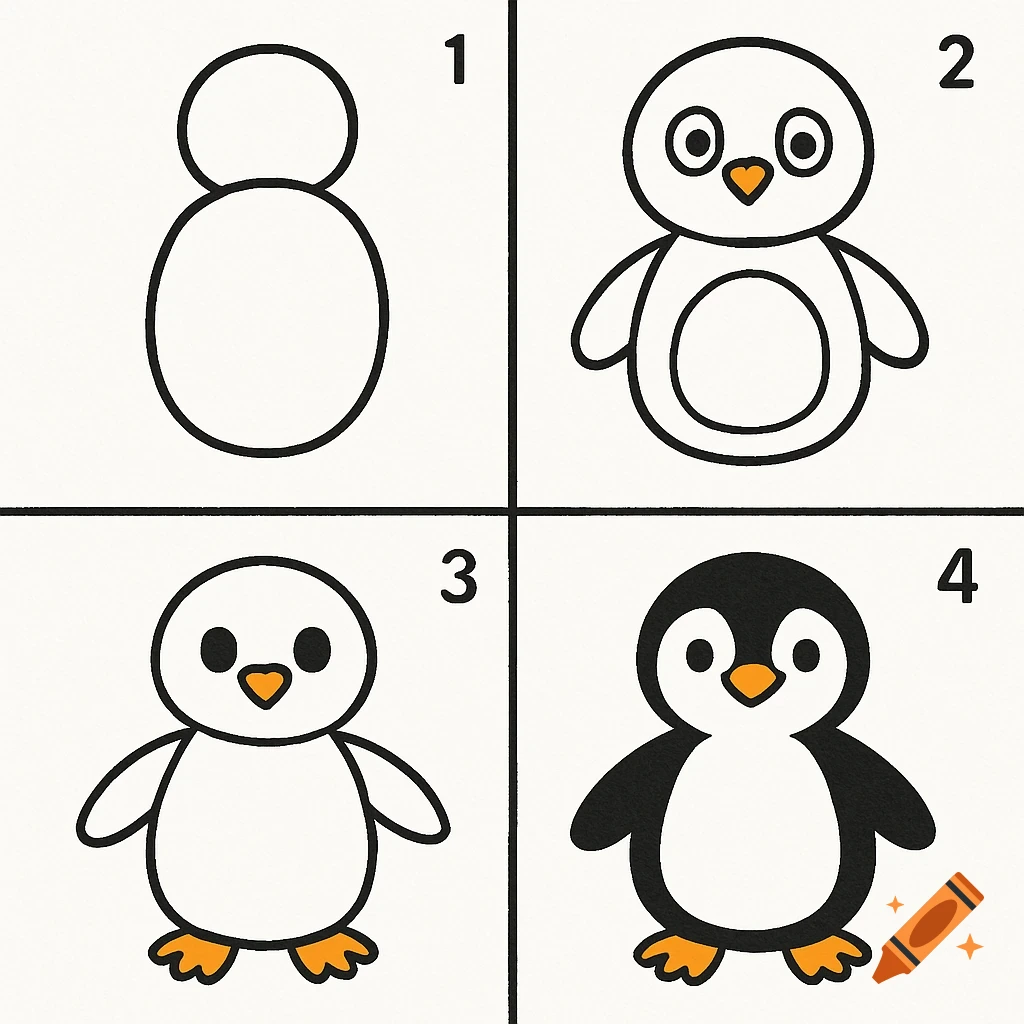 Four-step drawing tutorial in a 2x2 grid showing how to draw a cute cartoon penguin, from initial shapes to a completed colorful drawing.