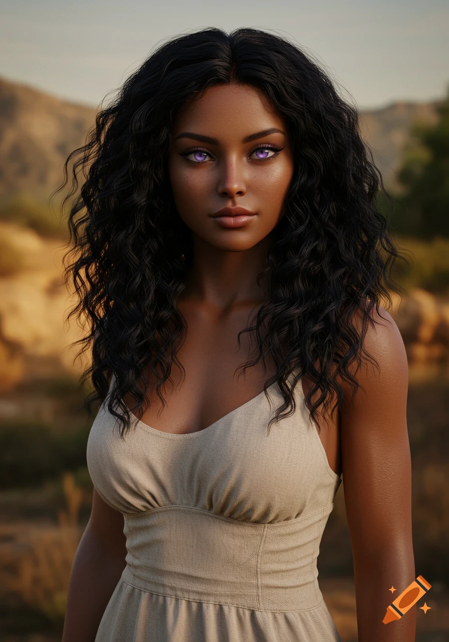 Photorealistic portrait of a woman with dark skin, curly black hair, and purple eyes, wearing a beige dress, outdoors.