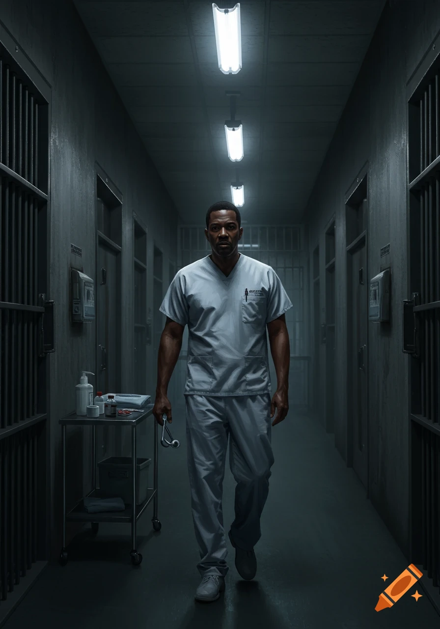 A photorealistic image of a male nurse in light grey scrubs walking down a dark, stark prison hallway with cell bars.