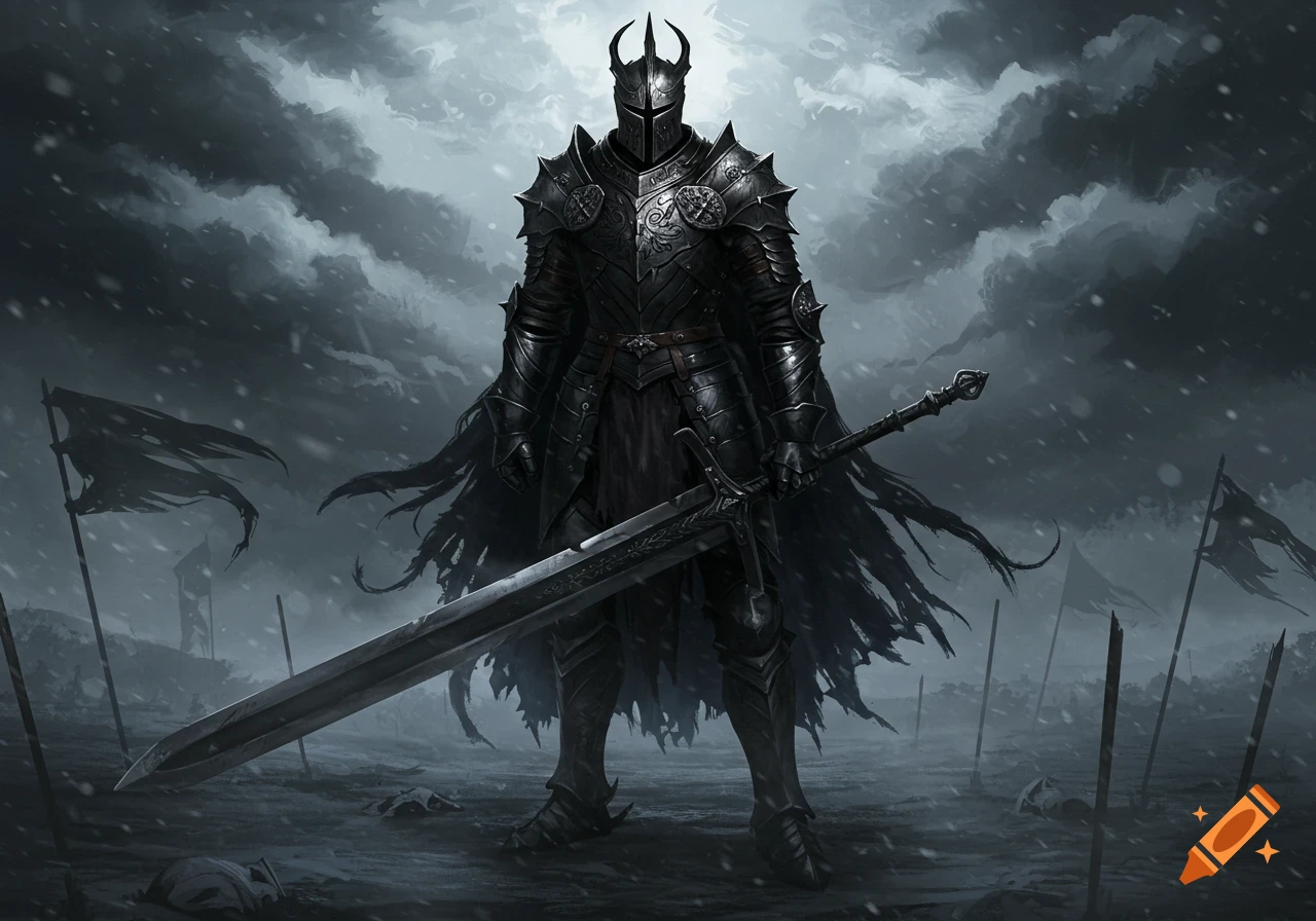 A dark knight in elaborate black armor stands holding a large sword on a desolate, snowy battlefield under a cloudy sky.