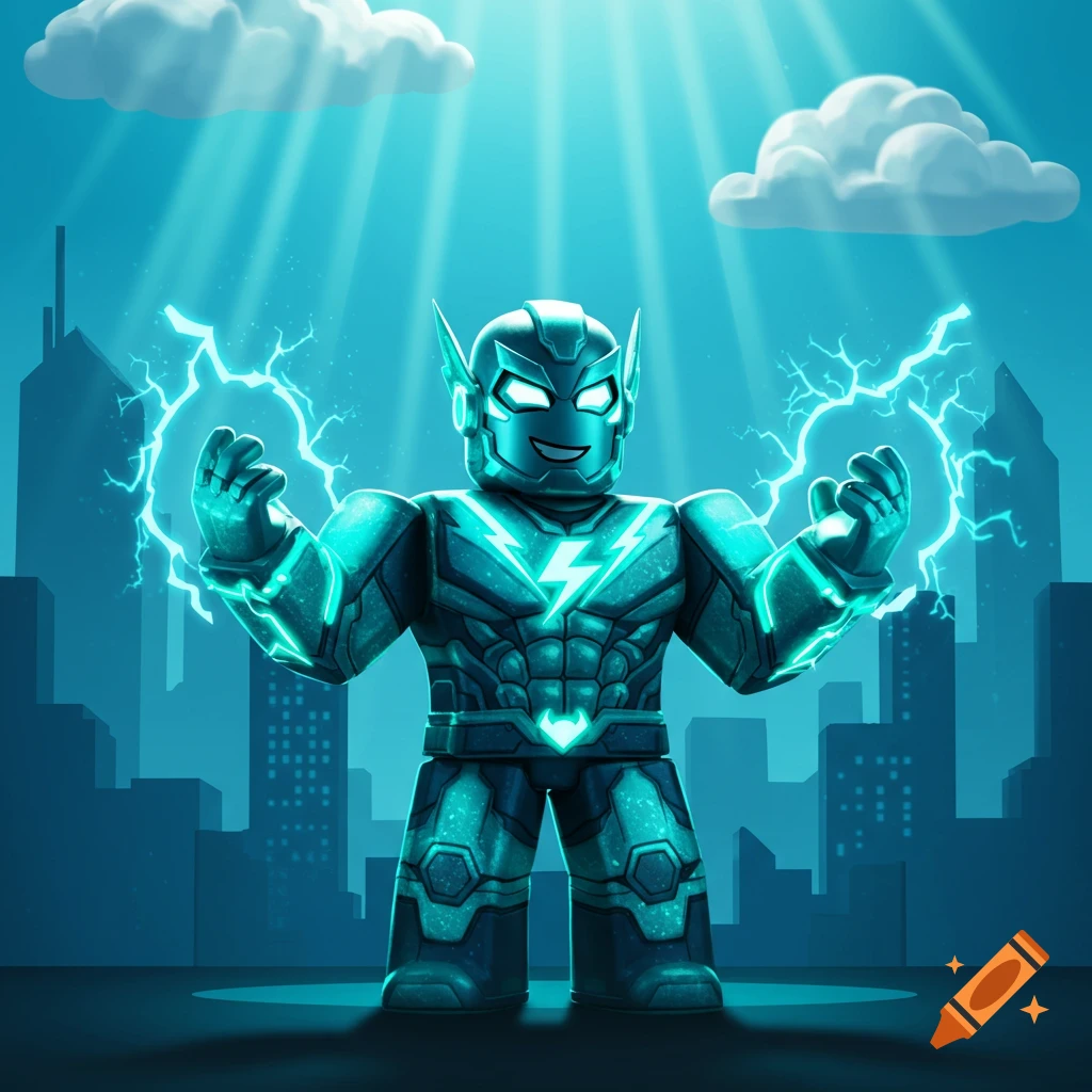 A Roblox-style superhero character in a teal metallic suit with glowing lightning bolts stands in a city at night under bright sky beams.