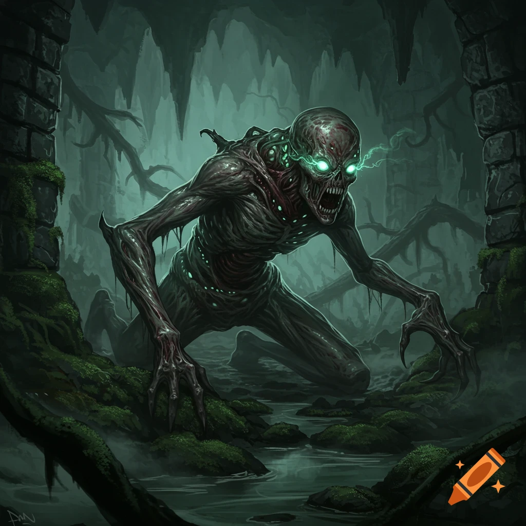 A monstrous, decaying creature with glowing green eyes crouches in a dark, mossy cave with water.