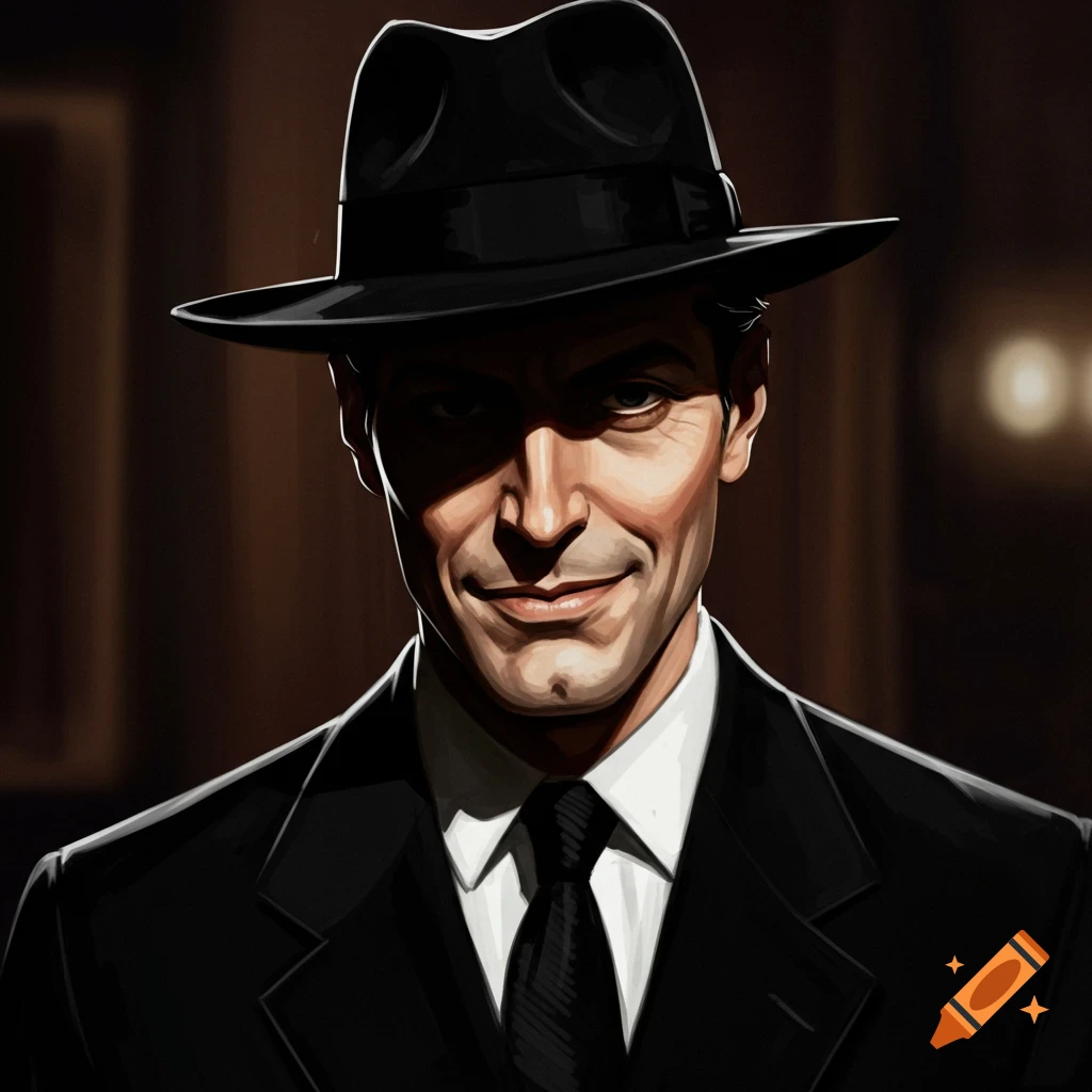A close-up of a man in a black fedora and suit, with deep shadows across his face, and a sly expression.