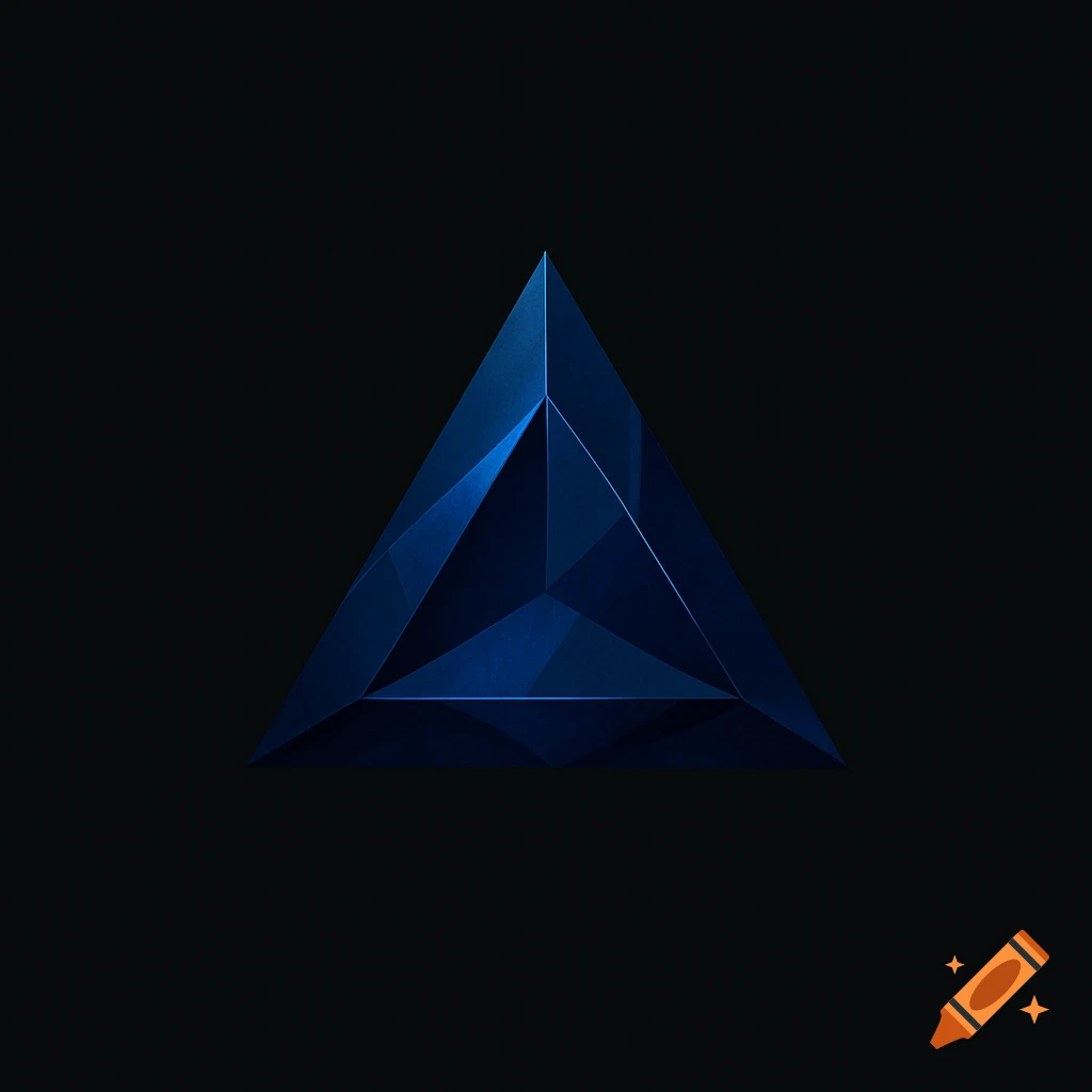 A dark blue geometric triangle with crystalline facets on a black background.
