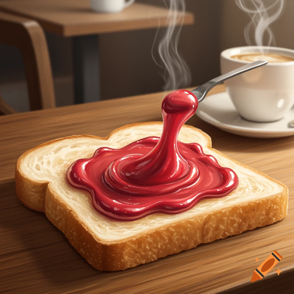 A slice of toast on a wooden table with a spoon dripping red jam or jelly onto it. A steaming cup of coffee is in the background.