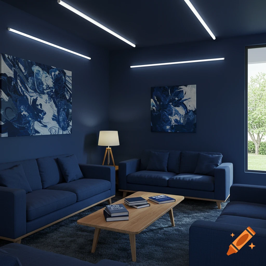 A modern navy blue student lounge with blue sofas, a wooden coffee table with books, linear ceiling lights, and a window showing trees.