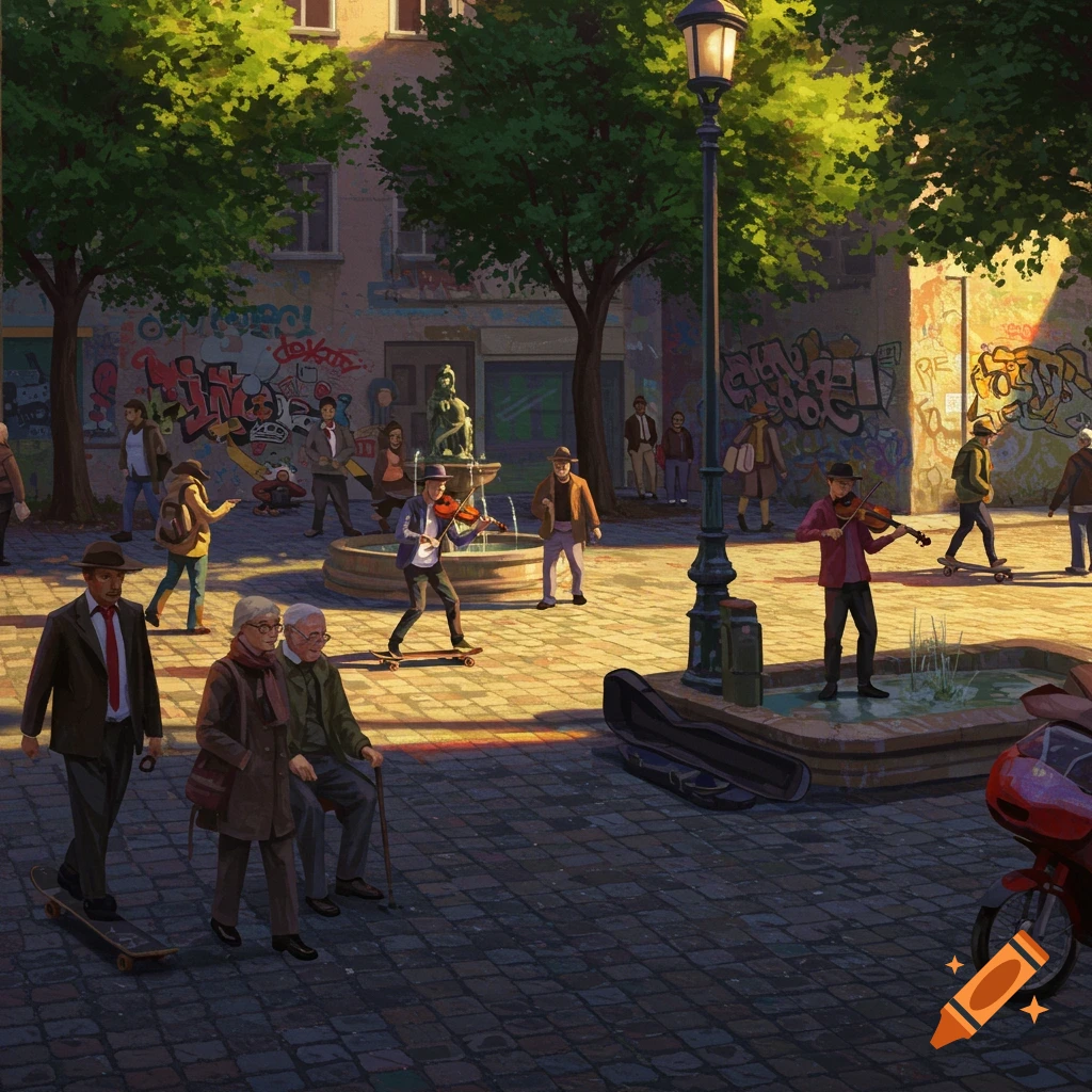 Illustrative scene of people in a sunlit city square with street musicians, a fountain, and graffiti-covered buildings.