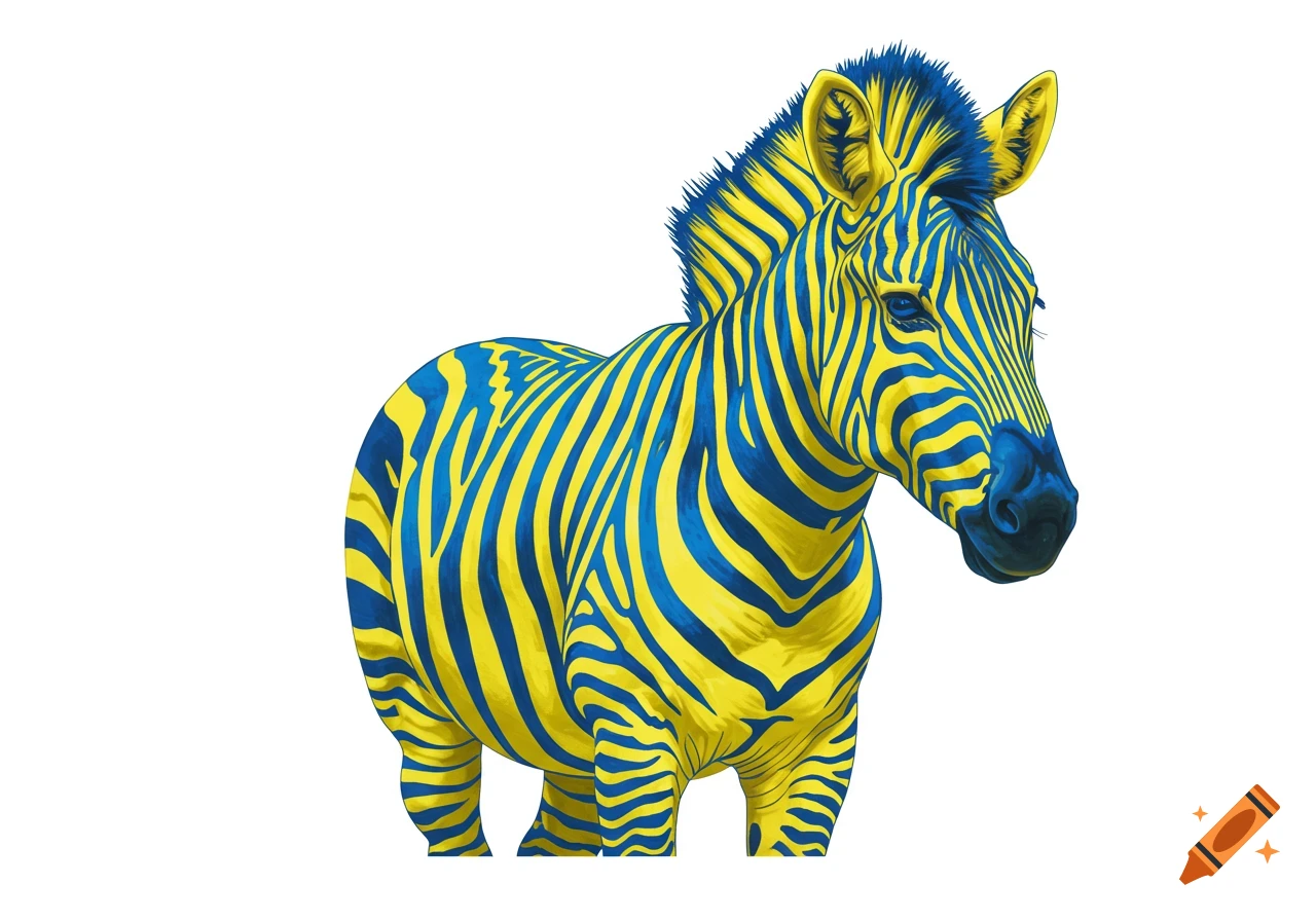 An illustration of a zebra with blue and yellow stripes.