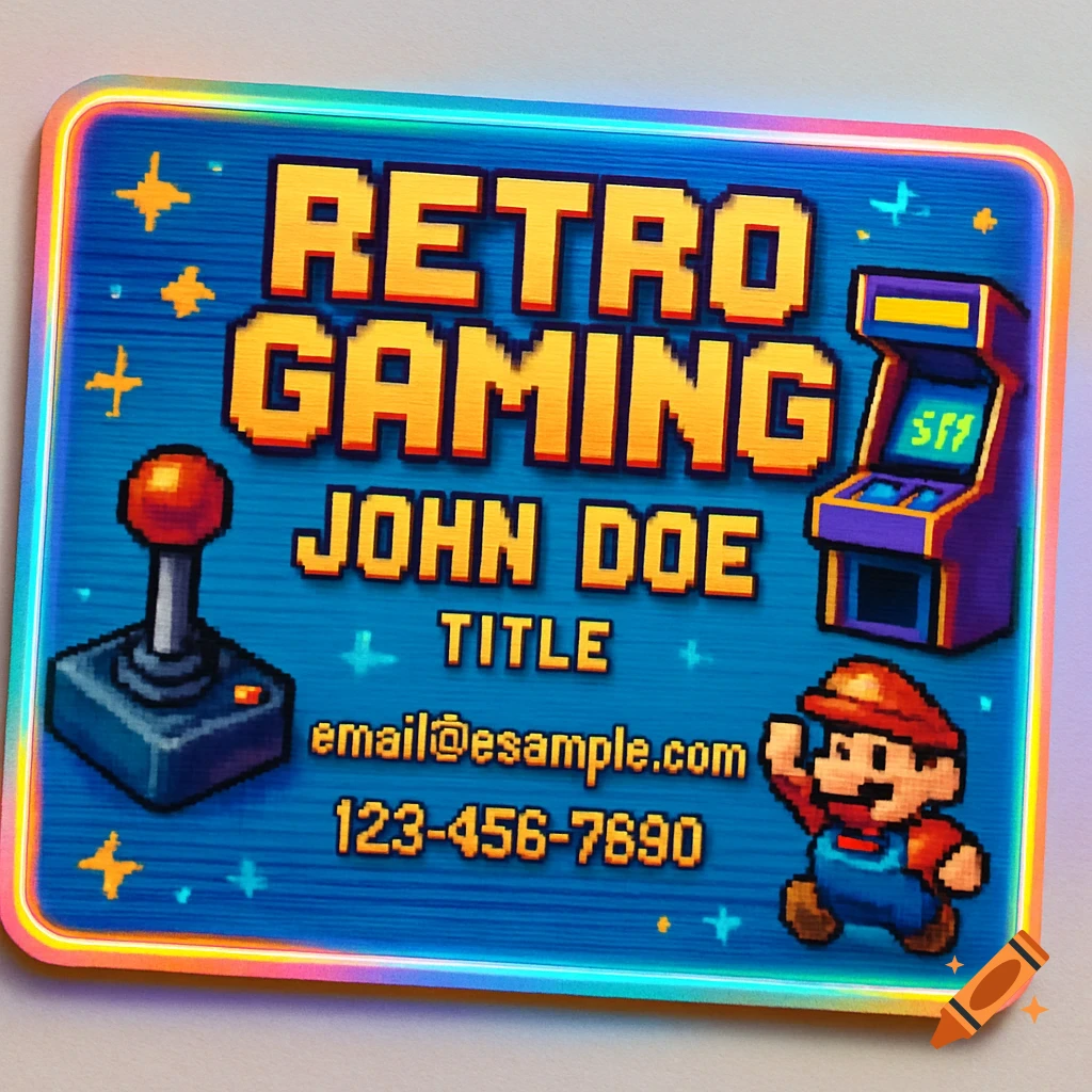 Pixel art business card for 'Retro Gaming' with joystick, arcade machine, and a Mario-like character on a blue background.