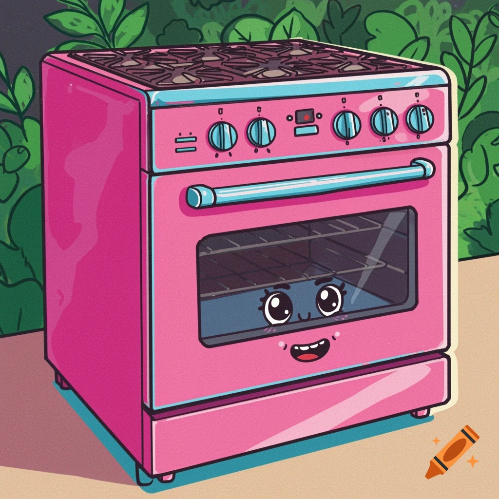 A vibrant pink cartoon oven with light blue accents stands against a green leafy background. The oven has a cute, smiling face on its glass door.