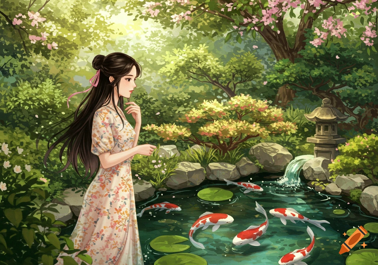 An illustrated young woman in a floral dress looking at koi fish in a pond in a lush, blooming garden.