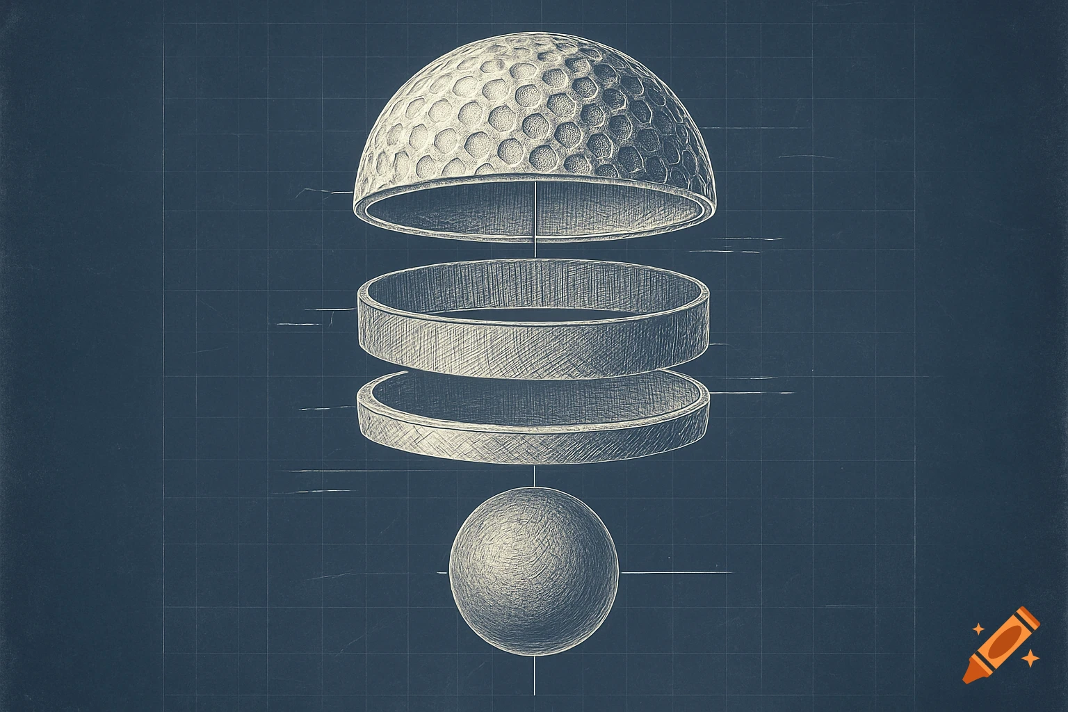 Exploded technical diagram of a golf ball in a vintage blueprint style on a dark blue background.