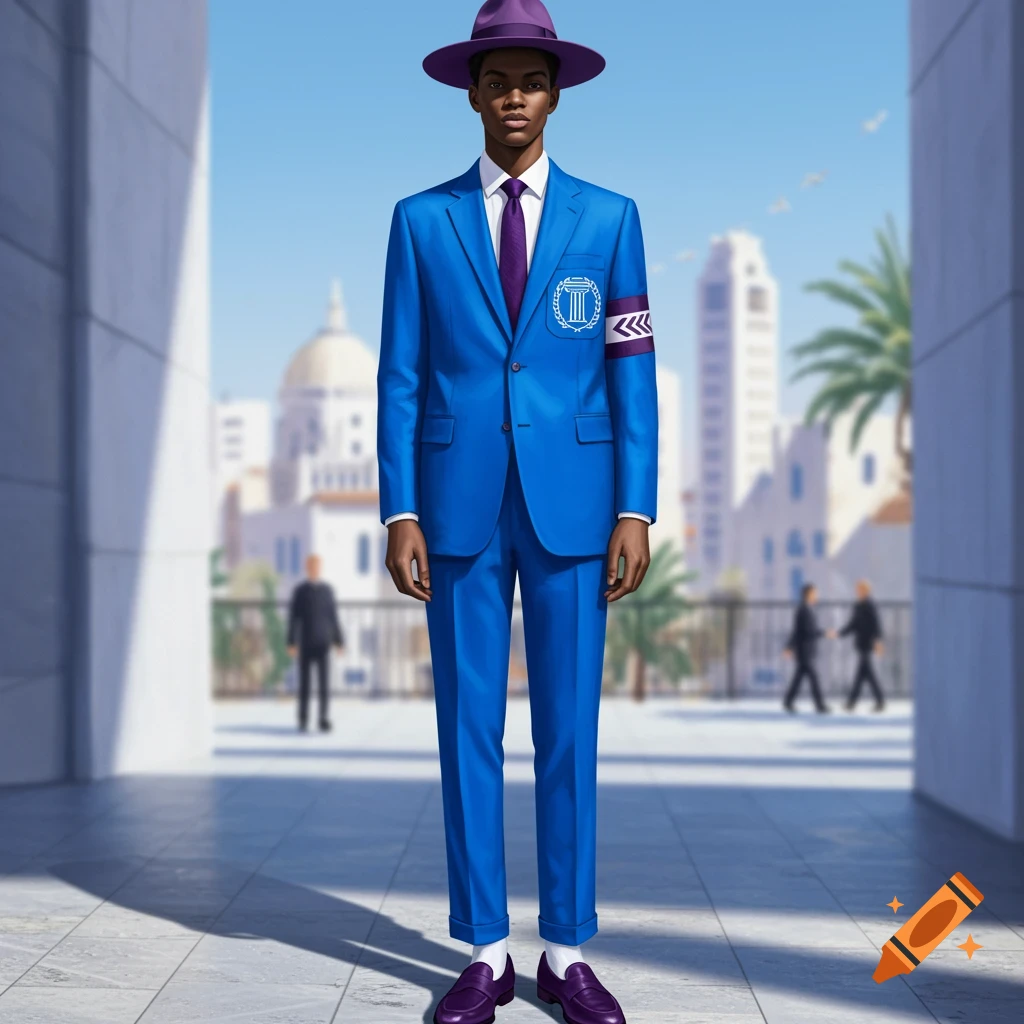 A man in a bright blue suit with an emblem, white shirt, purple tie, purple fedora, and purple loafers stands outdoors in an urban setting.