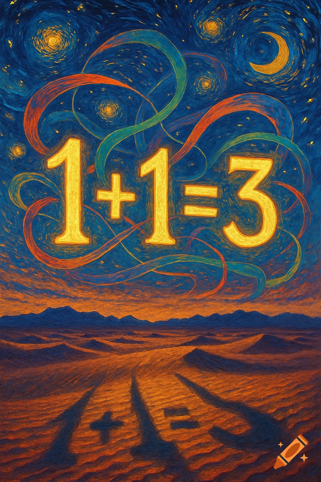 The equation '1+1=3' glows in the starry night sky above a desert landscape, in the style of Van Gogh.
