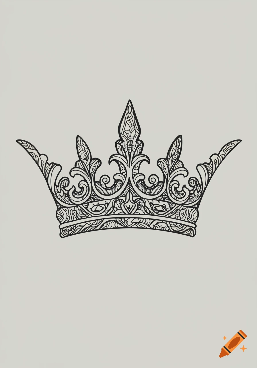 An intricate black line art doodle of a crown on a light grey background.