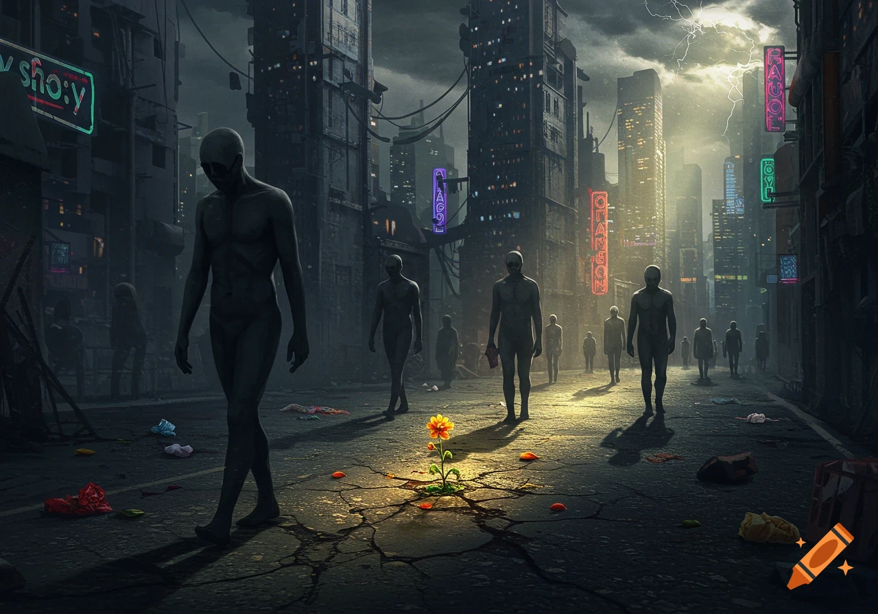 Dystopian city street with tall buildings under a stormy sky, grey humanoid figures walking towards a lone blooming flower.