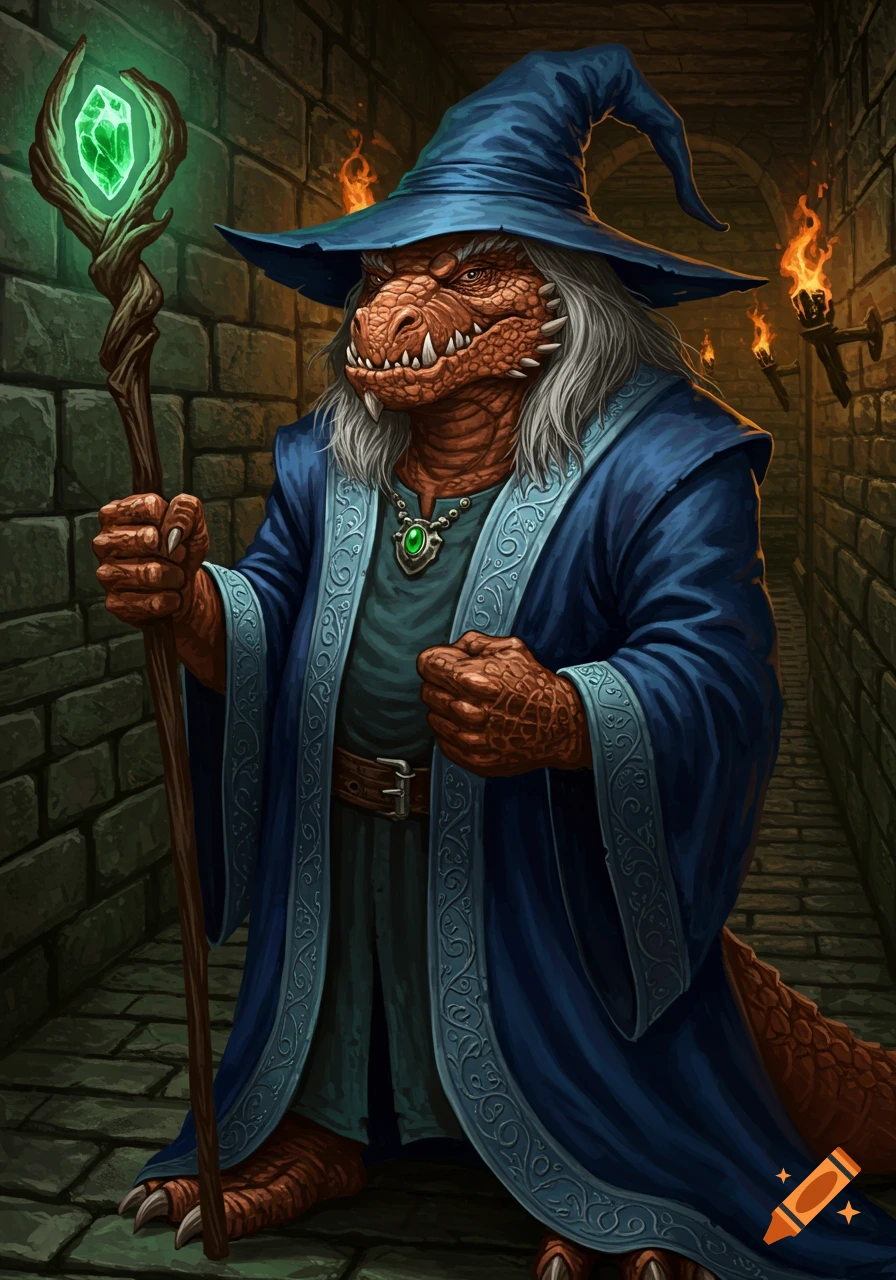 D&D portrait of a stout, unamused male dragonborn wizard in a blue robe and hat, holding a staff with a green jewel, in a torch-lit stone passage.