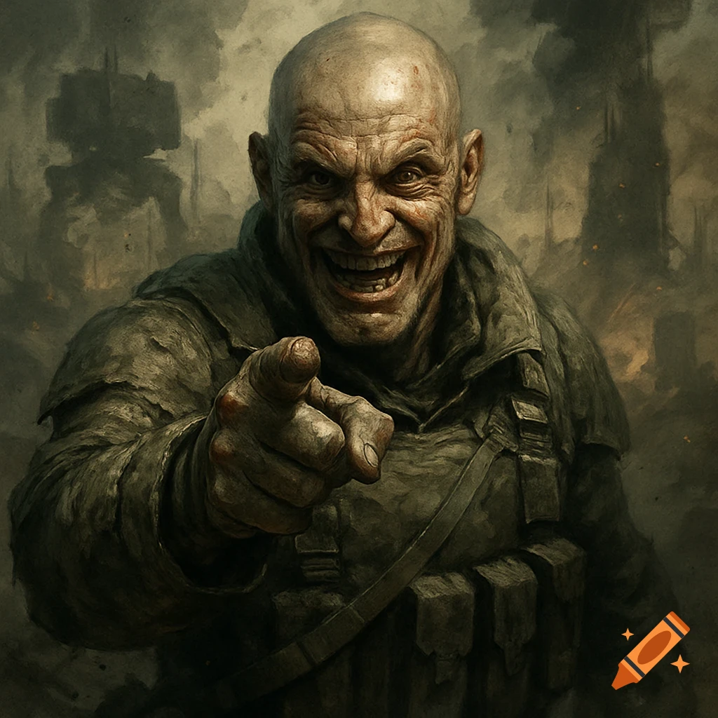 A bald, battle-hardened soldier with a crazed grin points directly at the viewer in a smoky, war-torn background in a dark, gritty style.