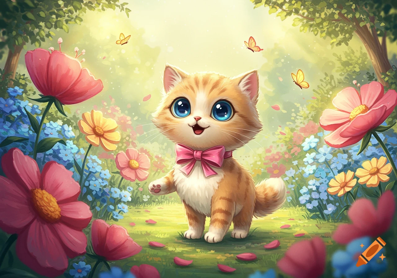 A cute cartoon kitten with big blue eyes and a pink bow stands in a vibrant flower garden with butterflies.