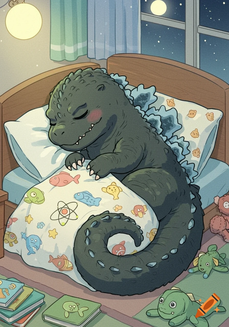 Chibi Godzilla sleeps soundly in a cozy bed, surrounded by toys and books, under a full moon in a charming cartoon style.
