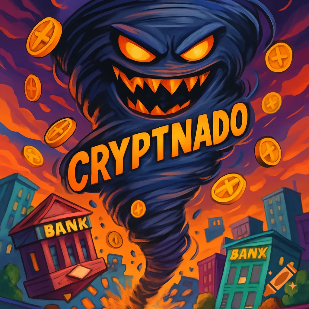 A menacing cartoon tornado with glowing eyes and jagged teeth rips through a city, sucking in buildings. Golden 'X' coins swirl around the CryptNado.