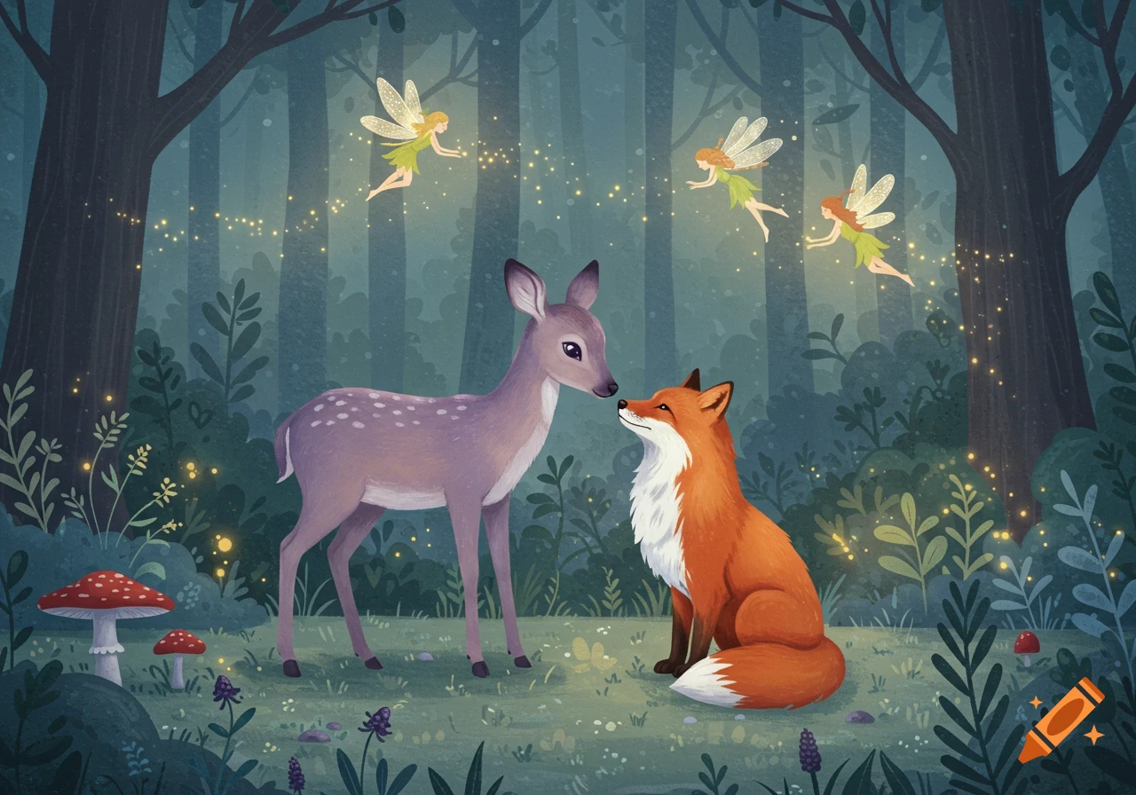 A storybook illustration of a deer and a fox touching noses in a magical enchanted forest at night, with glowing fairies floating above.