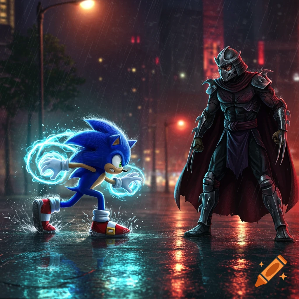 Sonic the Hedgehog, glowing with blue energy, faces off against Shredder on a wet city street at night in the rain.