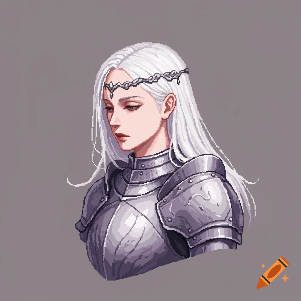 Pixel art portrait of a woman with long white hair and a headband, wearing intricate plate armor, looking down.