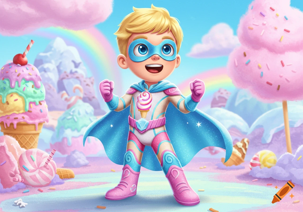 A blonde boy dressed as a superhero called Sugarboy in a vibrant candy land with giant ice cream and lollipop structures.