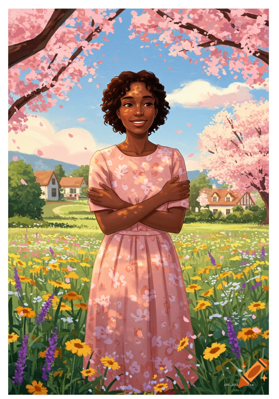 A smiling Black woman in a pink floral dress stands in a field of flowers under pink cherry blossom trees. Illustrative style.