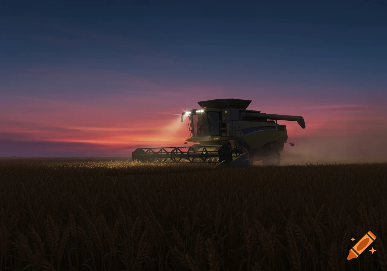 A combine harvester with headlights on, in a field of wheat at dusk with a colorful sunset sky.